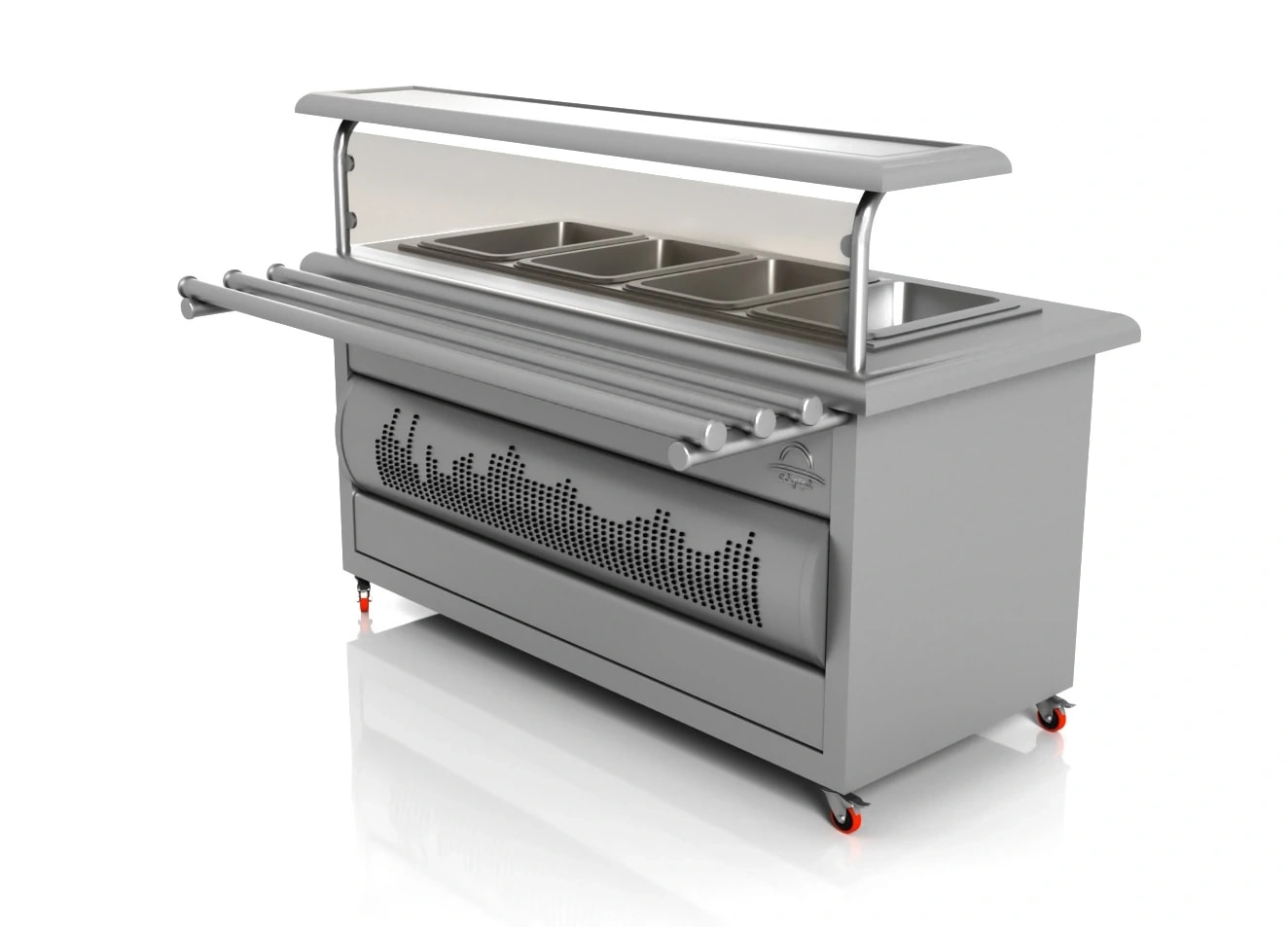 Hot and cold stainless steel service counter for ingredient storage and food preparation